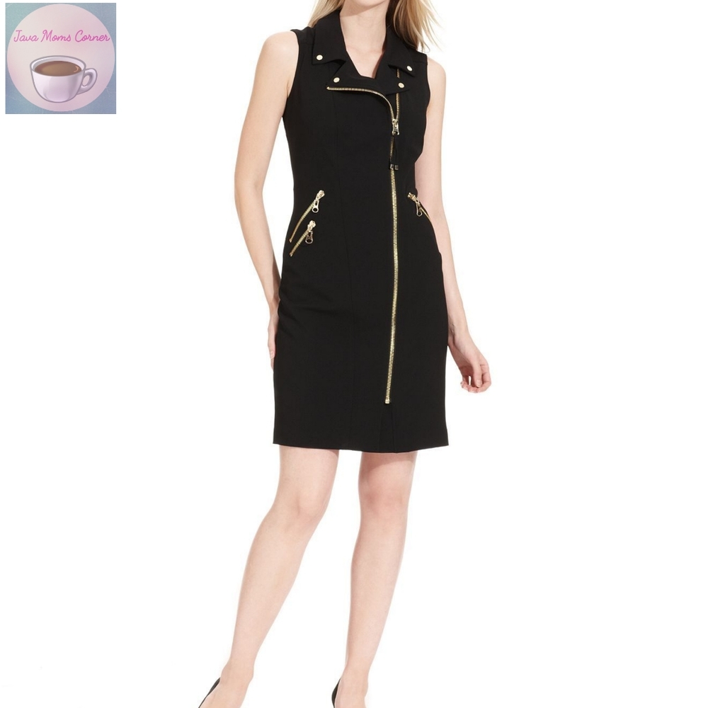 Calvin Klein Black Sleeveless Moto Zip Sheath Dress